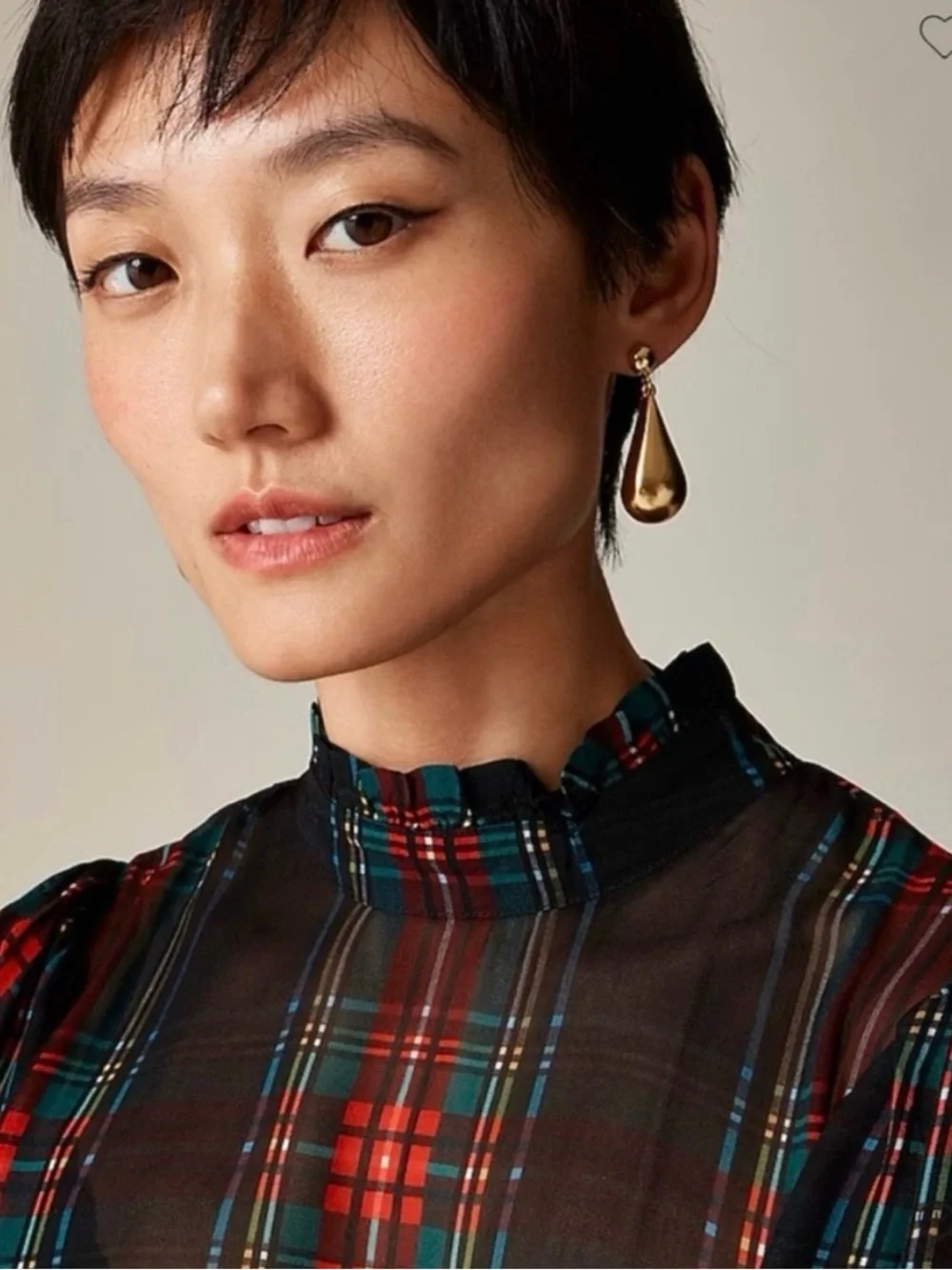 J.Crew Ruffleneck Top Stewart Tartan Chiffon XS Plaid Holiday Red Green Sheer